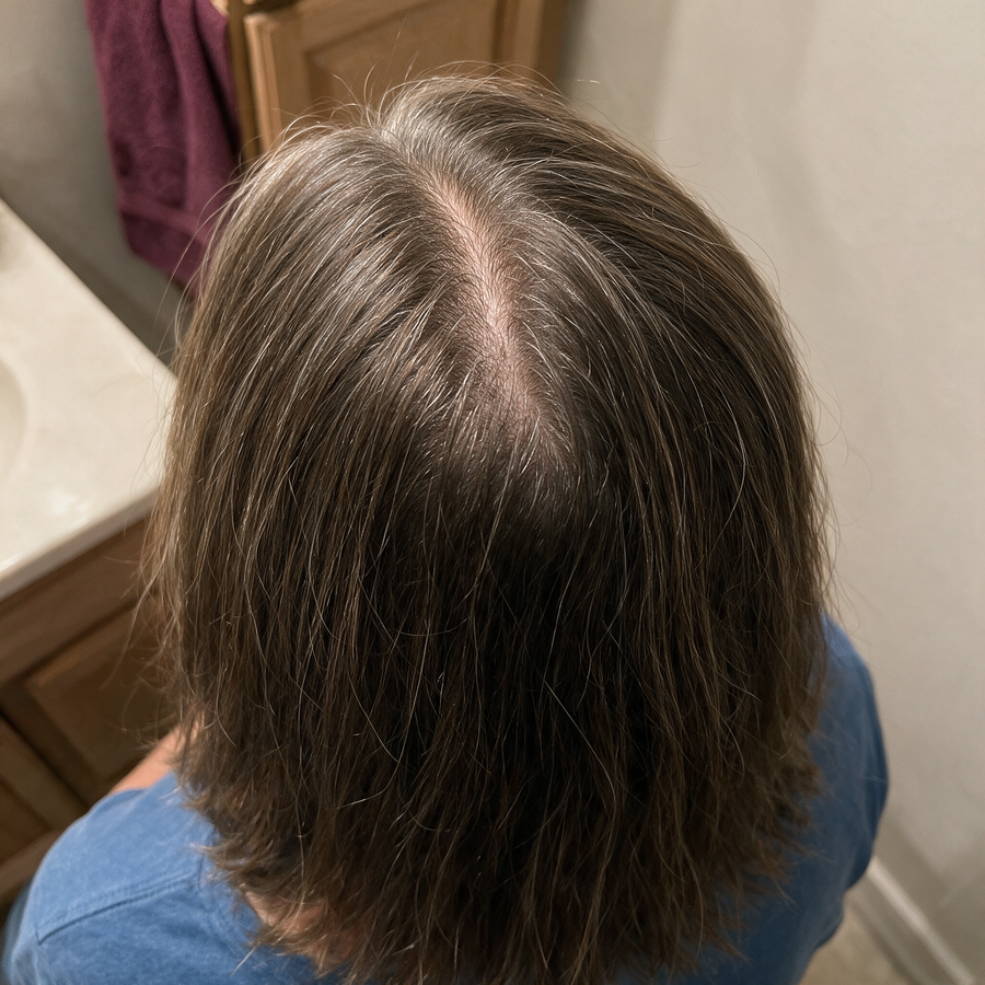 Top of a woman's head showing her part under bathroom light