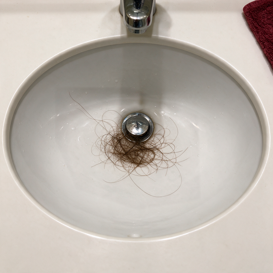 Strands of hair caught in a white bathroom sink drain