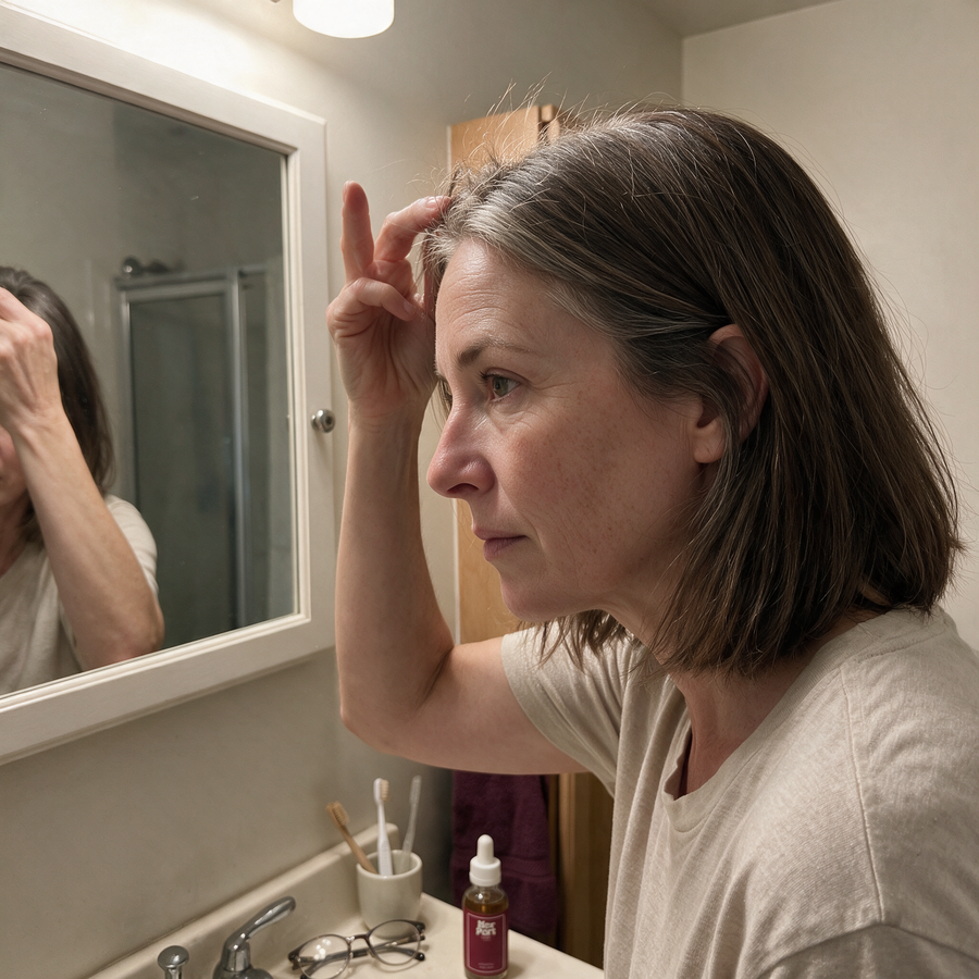 Woman lifting her hair to check her scalp in a bathroom mirror