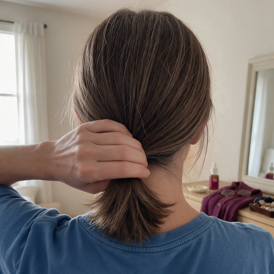 Woman seen from behind holding her ponytail in one hand