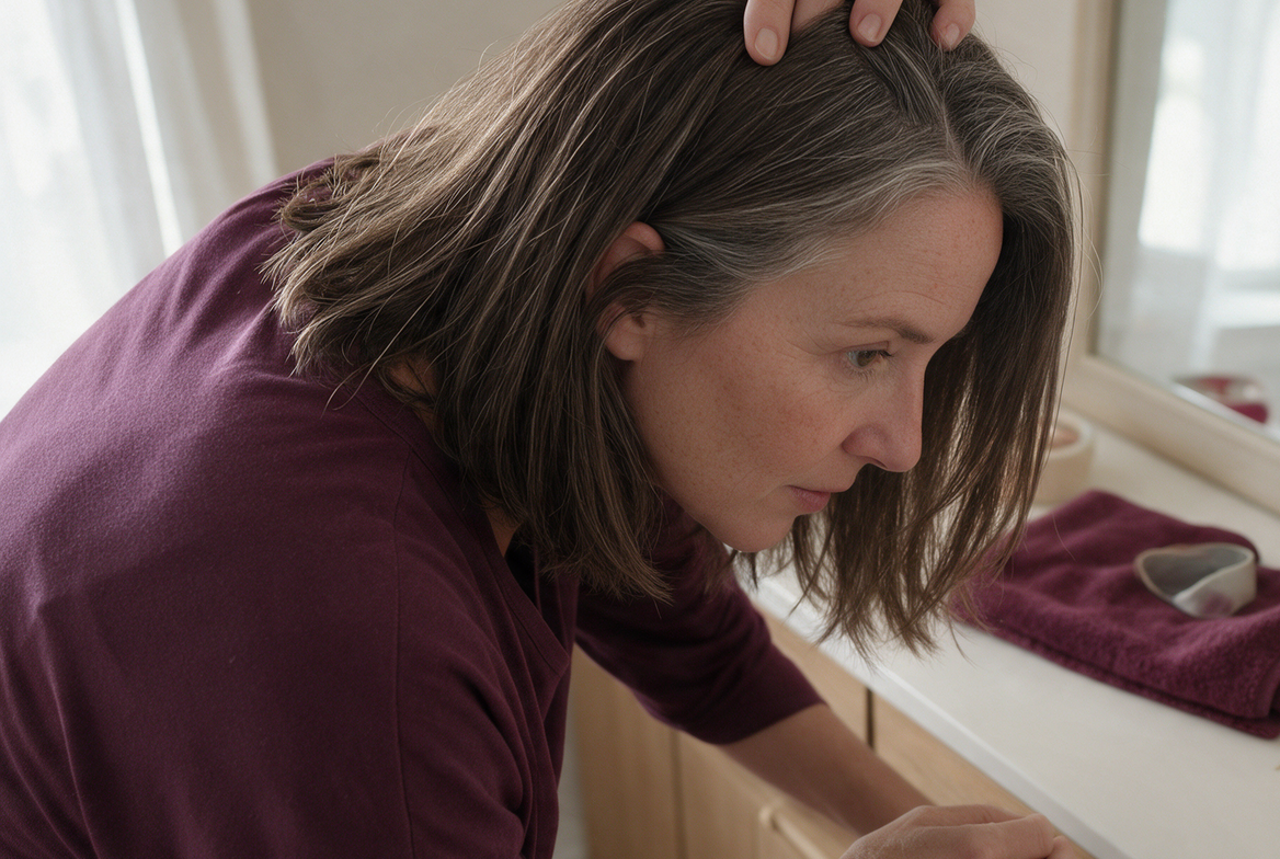 Woman leaning toward a bathroom mirror to check her part