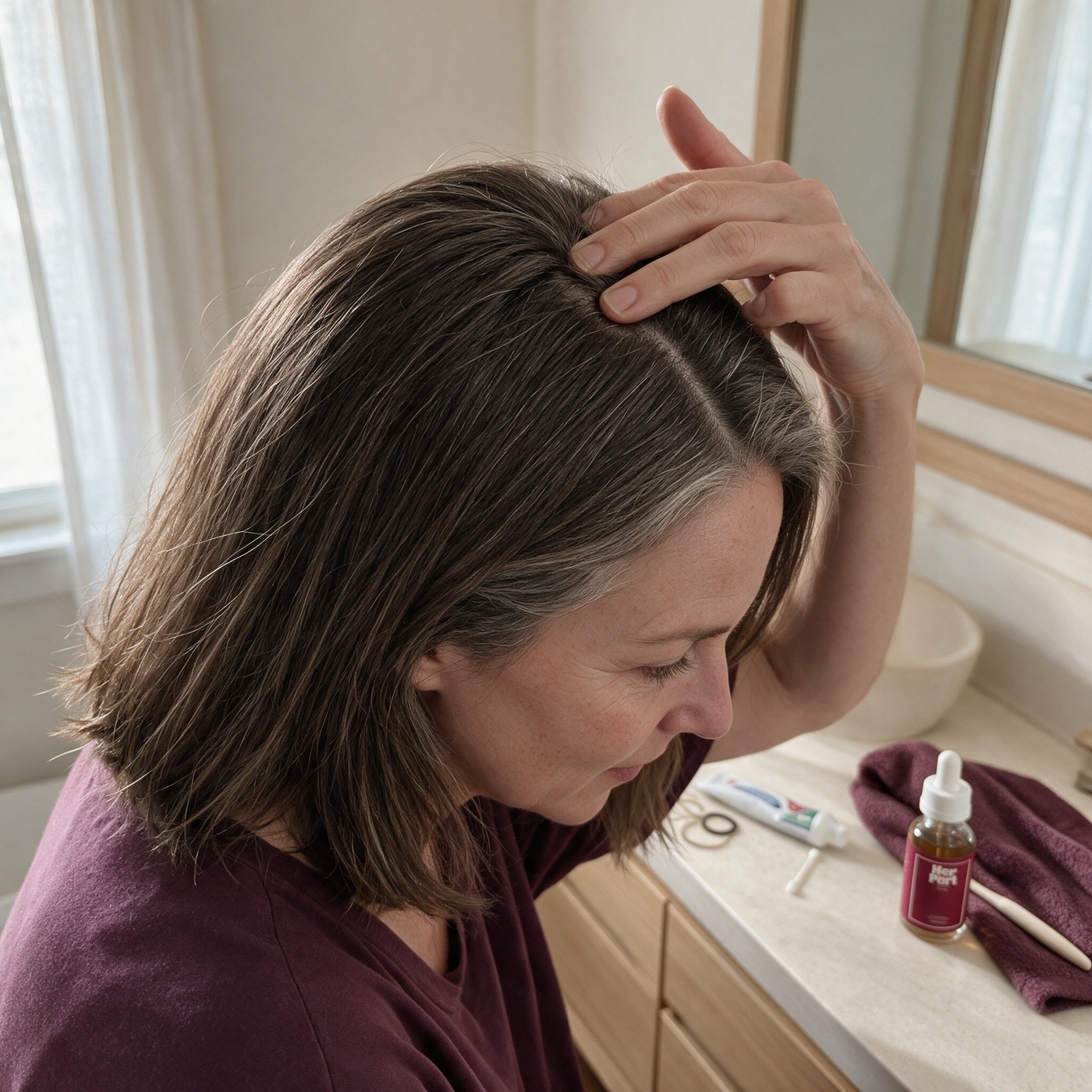 Woman gently massaging serum into her scalp