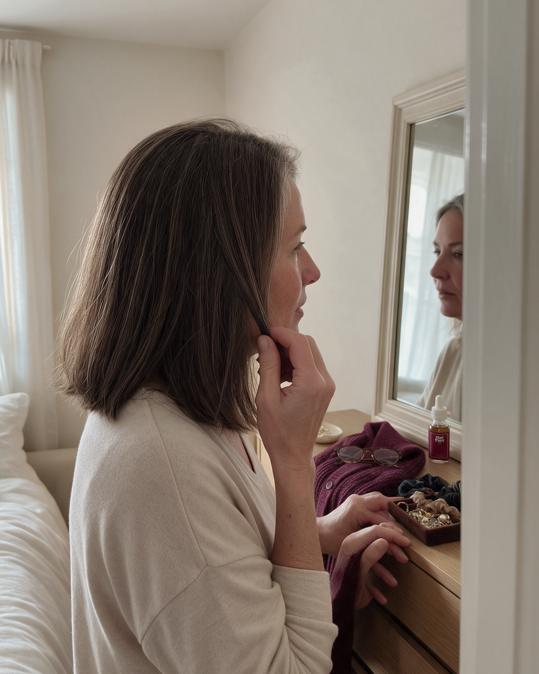 Woman checking her part in her bedroom mirror
