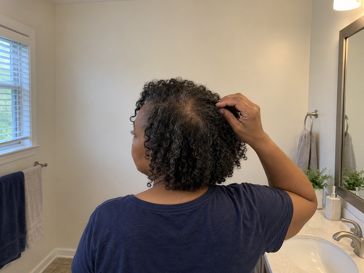 Woman with curly dark hair checking her scalp in a bathroom mirror