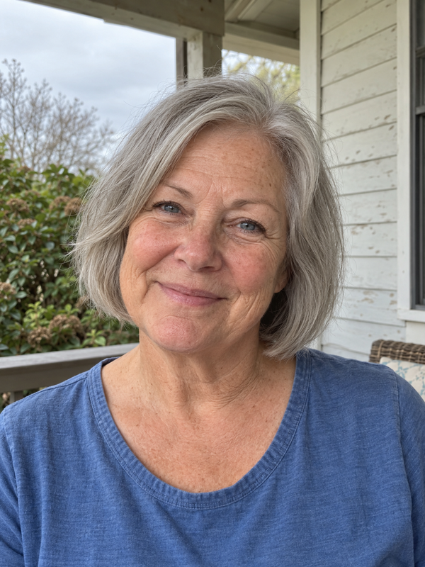 Portrait of Claire, a smiling woman with silver hair