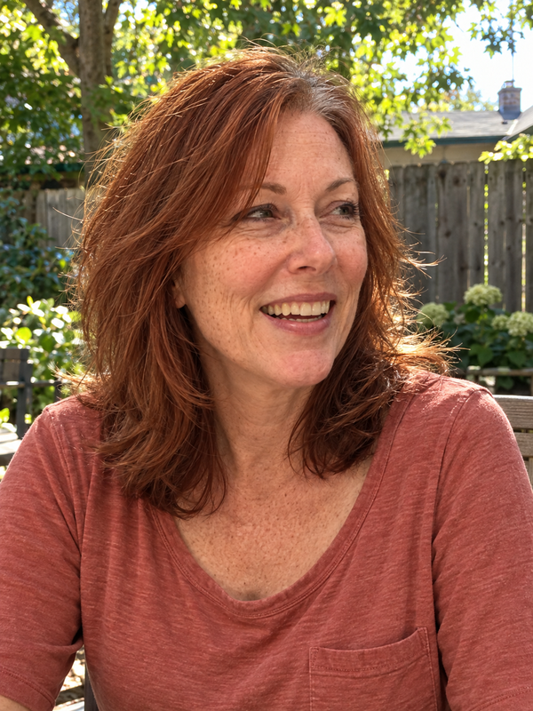 Portrait of Laura, a smiling woman with auburn hair