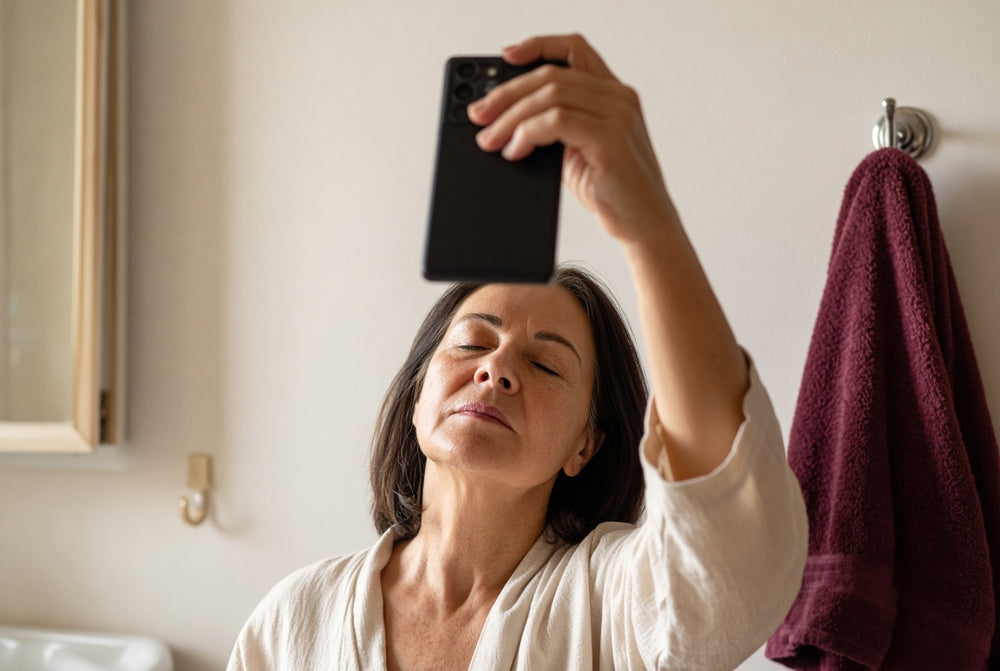 Woman taking a phone photo of the top of her head in a bathroom mirror