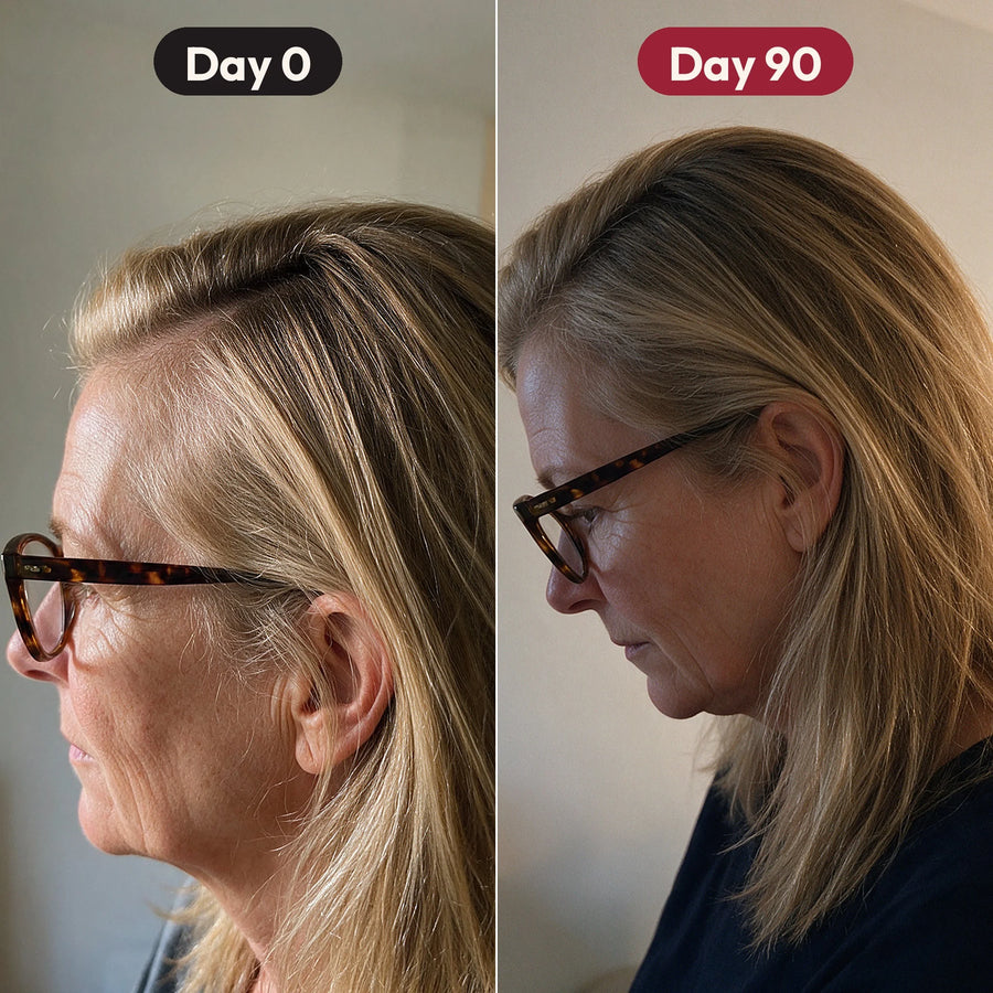 Same woman, same light: Day 0 and Day 90, fuller hair at the part